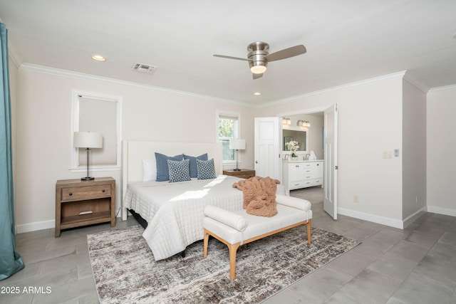 bedroom featuring ceiling fan and ornamental molding