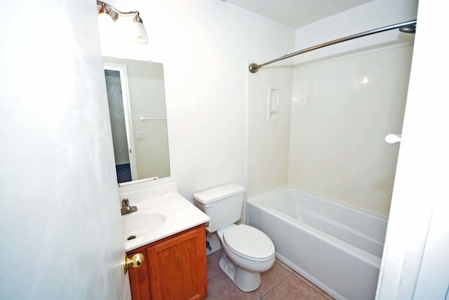 full bath with toilet, tile patterned floors, vanity, and shower / bathing tub combination