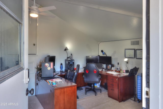 office with light carpet and ceiling fan