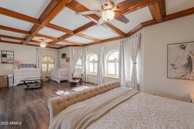 bedroom with ceiling fan, dark hardwood / wood-style flooring, coffered ceiling, and beamed ceiling