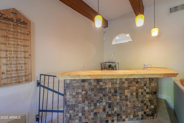 bar featuring beam ceiling and wood ceiling