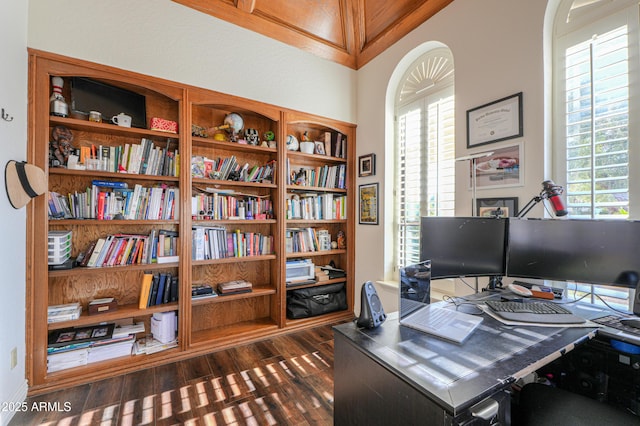 office area featuring dark wood-type flooring