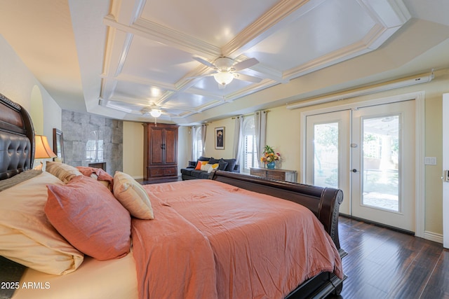 bedroom with ceiling fan, dark hardwood / wood-style floors, access to outside, coffered ceiling, and ornamental molding