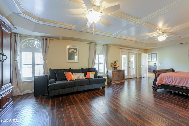 bedroom with coffered ceiling, ceiling fan, dark wood-type flooring, french doors, and crown molding