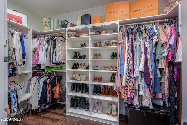 walk in closet with hardwood / wood-style floors