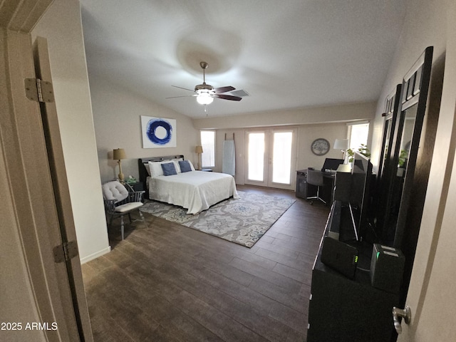 bedroom with dark hardwood / wood-style flooring, vaulted ceiling, french doors, and ceiling fan