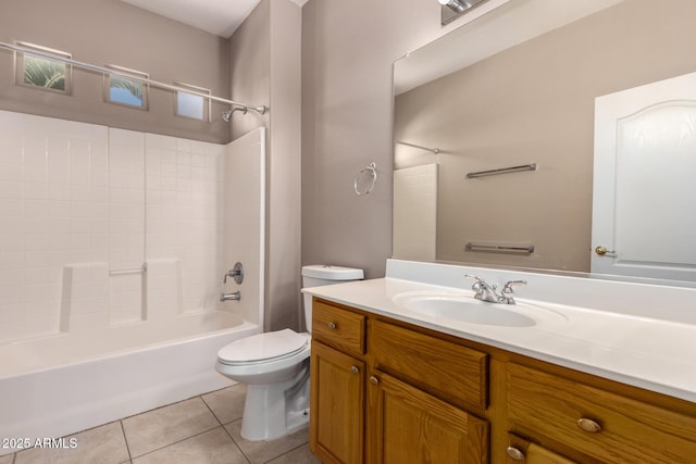 bathroom featuring  shower combination, vanity, toilet, and tile patterned floors