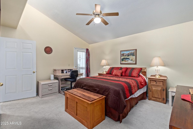 bedroom featuring high vaulted ceiling, a ceiling fan, and light colored carpet