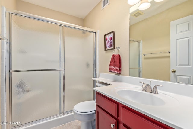 full bath with toilet, vanity, a shower stall, and visible vents