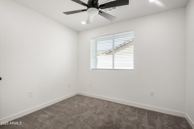 unfurnished room with carpet, visible vents, baseboards, ceiling fan, and recessed lighting