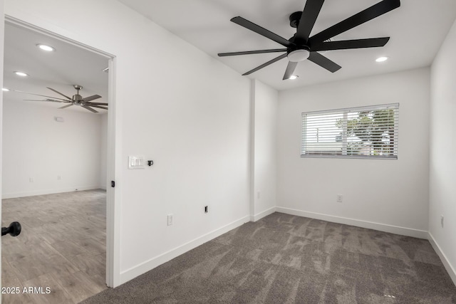 unfurnished room with baseboards, a ceiling fan, and recessed lighting