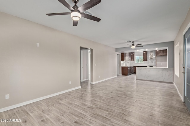 unfurnished living room with sink, ceiling fan, and light hardwood / wood-style flooring