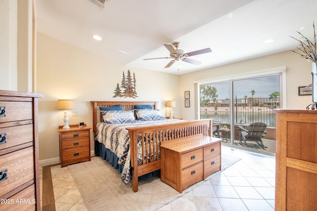 3441 N 162nd Ln, Goodyear, AZ 85395 - bedroom featuring access to outside, recessed lighting, light tile patterned flooring, a ceiling fan, and a water view