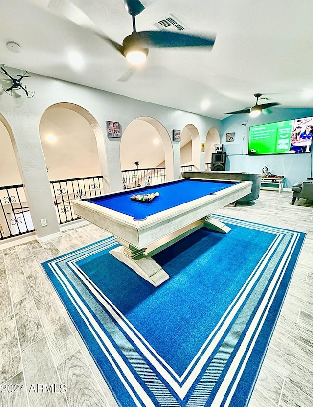 rec room featuring hardwood / wood-style floors, ceiling fan, and pool table