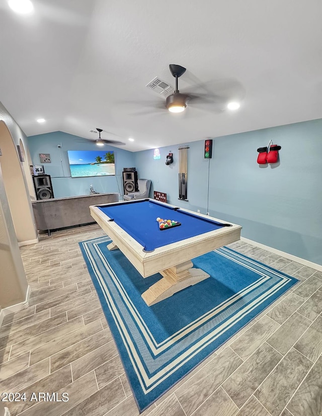 rec room with ceiling fan, lofted ceiling, and billiards