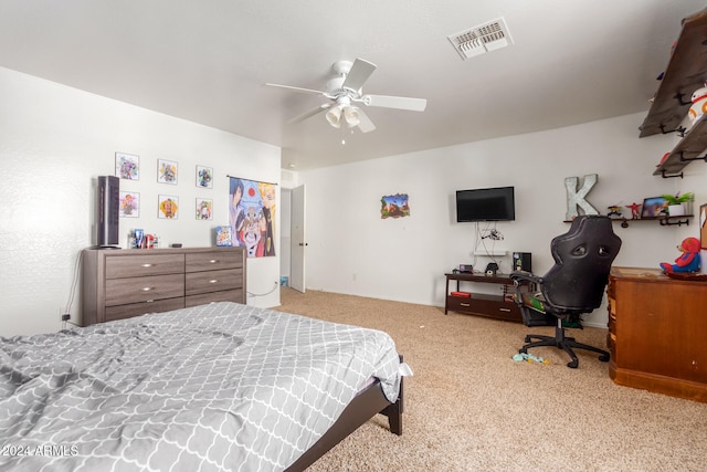 bedroom with light colored carpet and ceiling fan