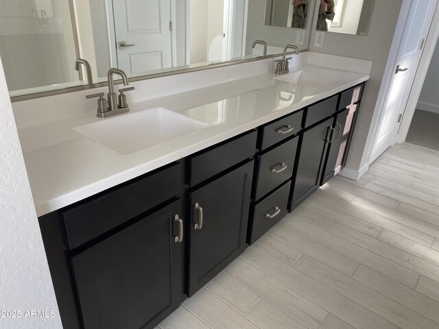 bathroom with wood-type flooring and vanity