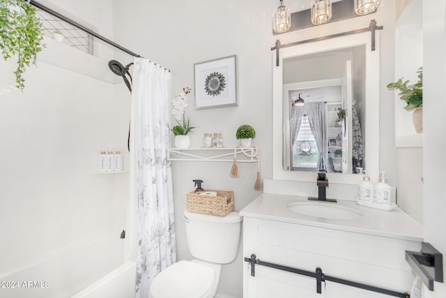 full bathroom with toilet, vanity, and shower / tub combo with curtain