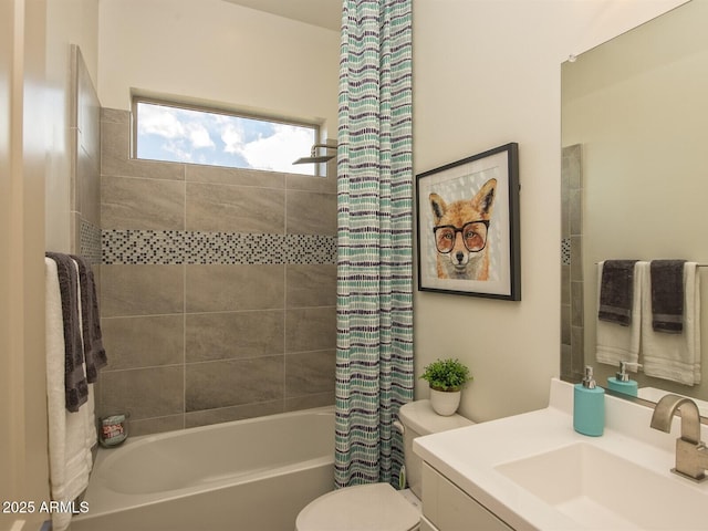 bathroom featuring toilet, shower / bath combination with curtain, and vanity