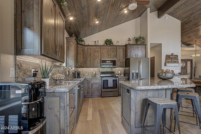 4047 W Forest Ct, Pine, AZ 85544 - kitchen featuring a kitchen breakfast bar, a sink, stainless steel appliances, and wooden ceiling