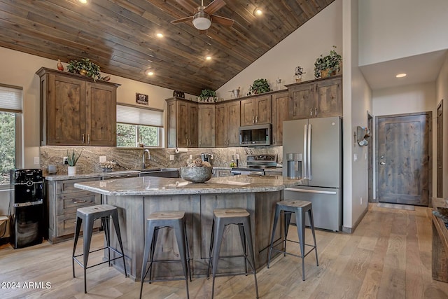 kitchen with light hardwood / wood-style flooring, appliances with stainless steel finishes, tasteful backsplash, and ceiling fan