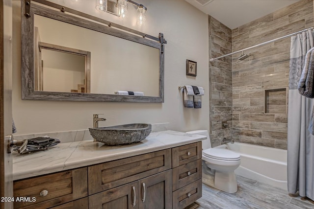 full bathroom with vanity, toilet, shower / tub combo with curtain, and hardwood / wood-style floors