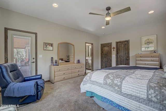 4047 W Forest Ct, Pine, AZ 85544 - bedroom featuring baseboards, ceiling fan, recessed lighting, light carpet, and ensuite bath