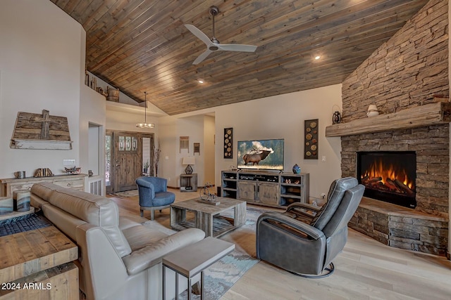 living room featuring high vaulted ceiling, wood ceiling, a fireplace, and ceiling fan