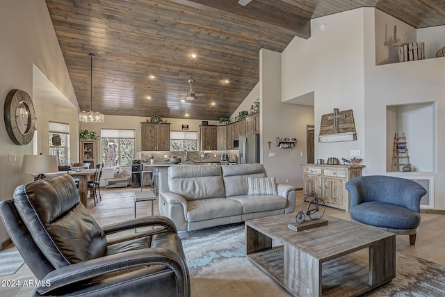 4047 W Forest Ct, Pine, AZ 85544 - living area featuring wood ceiling, high vaulted ceiling, light wood-style flooring, recessed lighting, and a notable chandelier