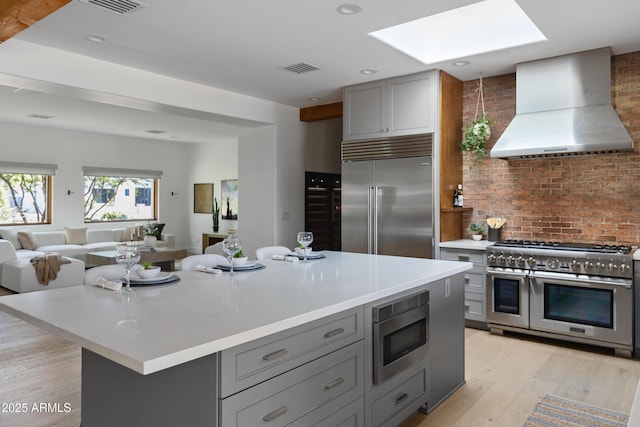 6648 E Horseshoe Rd, Paradise Valley, AZ 85253 - kitchen with built in appliances, a skylight, gray cabinets, and wall chimney exhaust hood