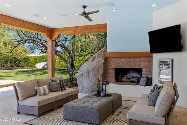 6648 E Horseshoe Rd, Paradise Valley, AZ 85253 - living area with recessed lighting, ceiling fan, visible vents, and an outdoor brick fireplace