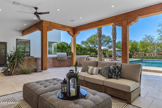 6648 E Horseshoe Rd, Paradise Valley, AZ 85253 - view of patio / terrace with area for grilling, grilling area, an outdoor living space, a ceiling fan, and an outdoor pool