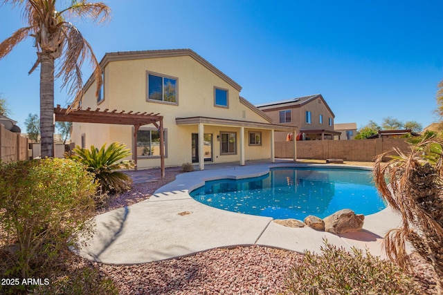 view of pool featuring a patio area, a fenced backyard, a fenced in pool, and a pergola