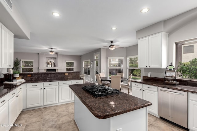 kitchen featuring stainless steel dishwasher, recessed lighting, black gas stovetop, and ceiling fan