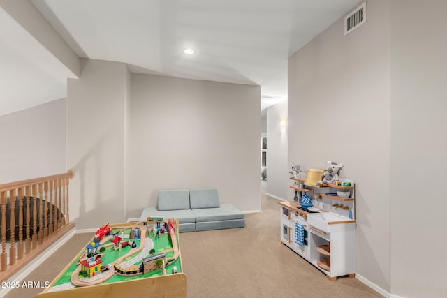 game room featuring visible vents, recessed lighting, baseboards, and carpet floors