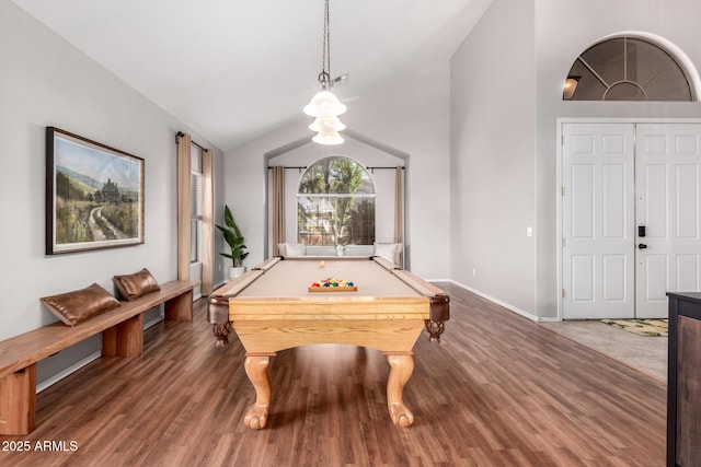 game room with vaulted ceiling, billiards, wood finished floors, and baseboards