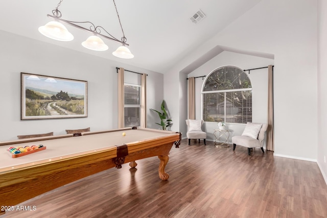 playroom featuring visible vents, pool table, baseboards, lofted ceiling, and wood finished floors