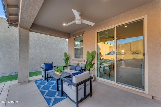 view of patio featuring an outdoor living space and ceiling fan