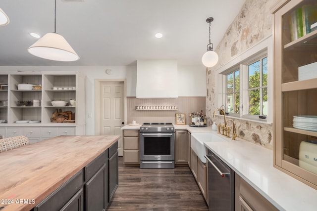 kitchen with appliances with stainless steel finishes, decorative light fixtures, dark hardwood / wood-style floors, and sink