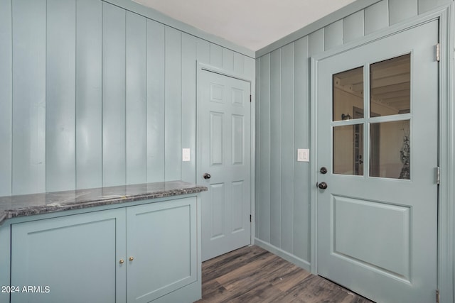 entryway featuring wooden walls and dark hardwood / wood-style flooring