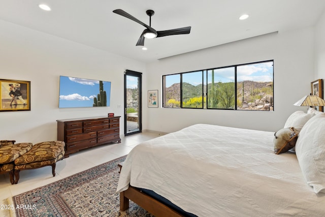 bedroom featuring access to outside, recessed lighting, a ceiling fan, and light tile patterned flooring