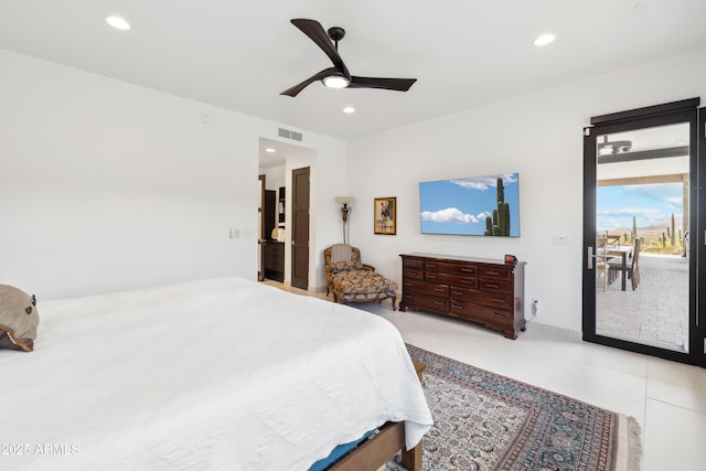 bedroom with access to outside, a ceiling fan, recessed lighting, and visible vents
