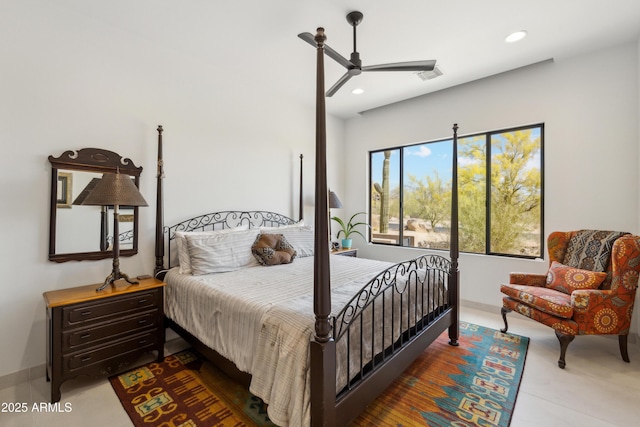 bedroom featuring visible vents, recessed lighting, baseboards, and a ceiling fan