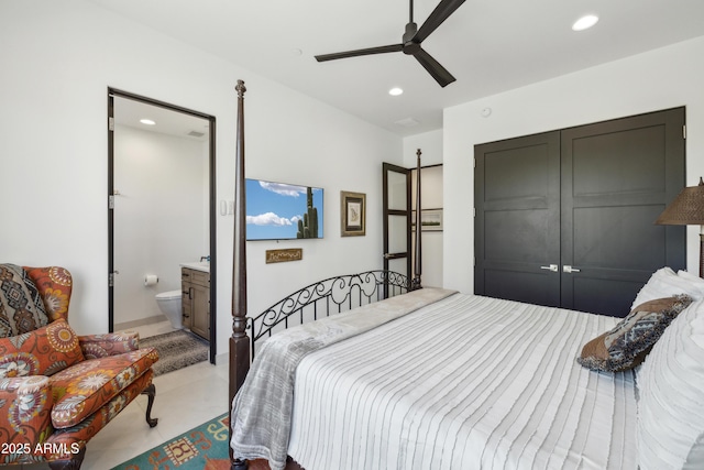 bedroom featuring recessed lighting, a ceiling fan, and ensuite bathroom