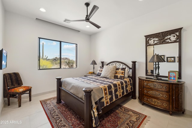 bedroom featuring recessed lighting, baseboards, ceiling fan, and light tile patterned flooring