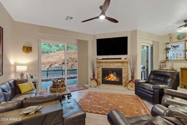 living room with ceiling fan