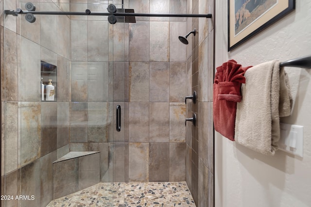 bathroom featuring a shower with door