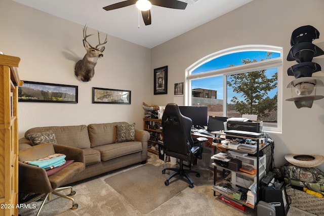 office space with ceiling fan and carpet floors