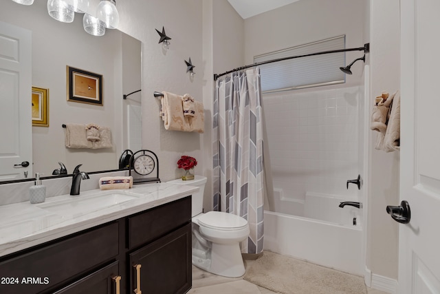 full bathroom featuring tile patterned flooring, vanity, toilet, and shower / tub combo with curtain