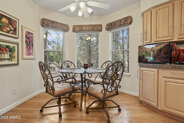 dining space featuring ceiling fan and light hardwood / wood-style flooring